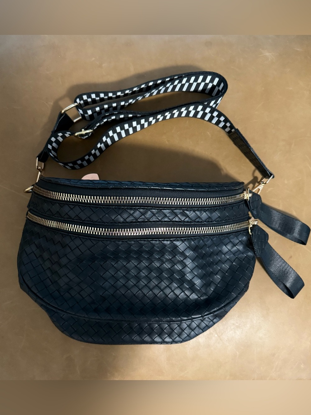 Woven Black Leather Crossbody Belt Bag with Gold Zippers